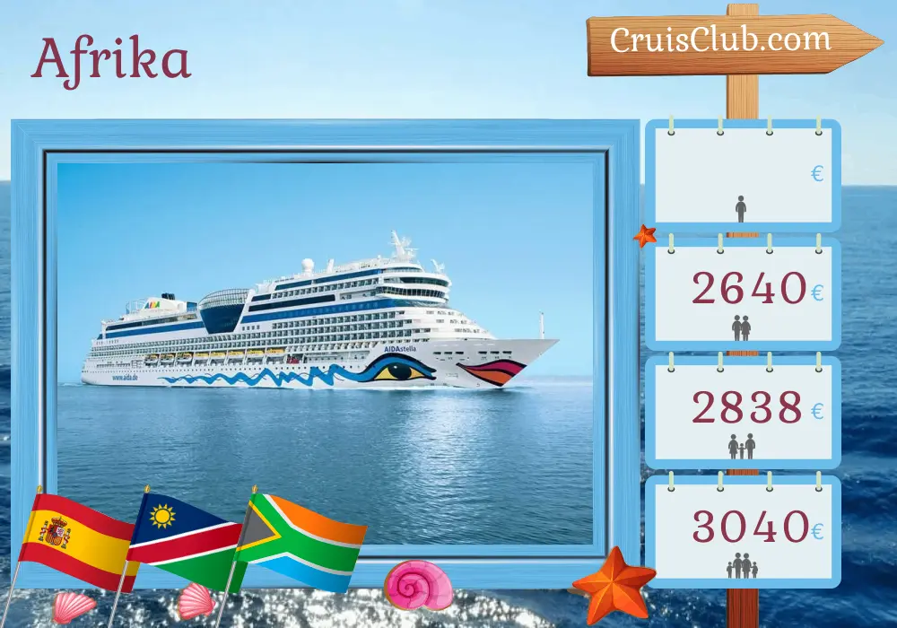 Kreuzfahrt in Afrika von Palma nach Kapstadt an Bord des Schiffes AIDAstella mit Stopps in Spanien, Namibia und Südafrika für 20 Tage