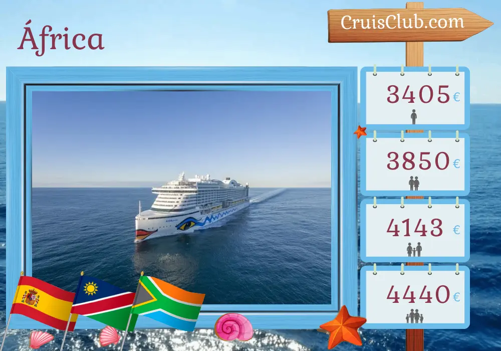 Crucero por África desde Las Palmas a Ciudad del Cabo a bordo del barco AIDAprima con visitas a España, Namibia y Sudáfrica por 16 días