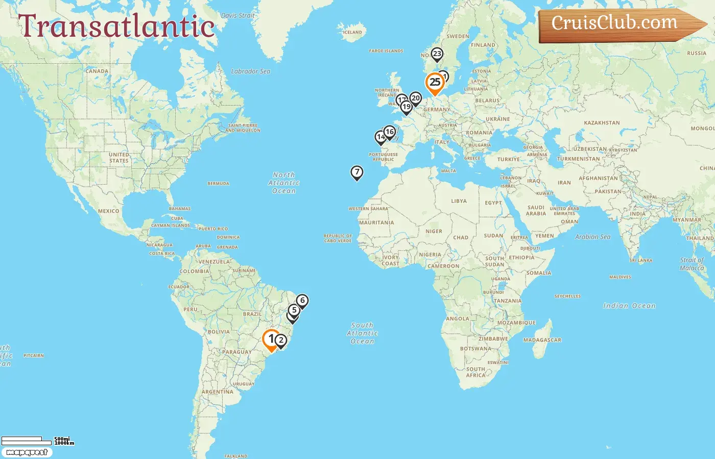 Cruise in the Transatlantic from Saints to Hamburg aboard MSC Preziosa ship with visits to Brazil, Spain, France, Belgium, Denmark, Norway, and Germany for 25 days