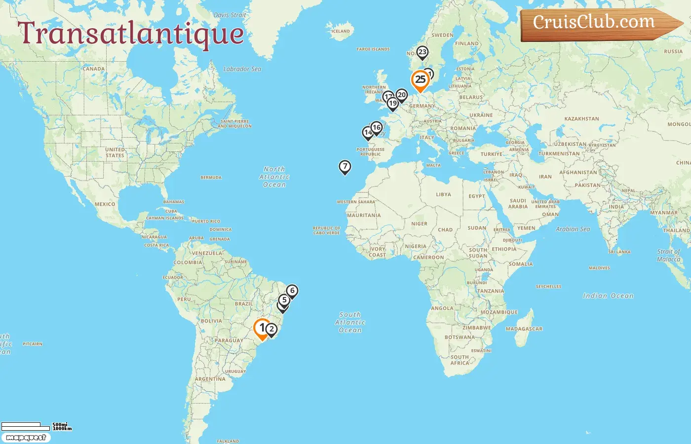 Croisière transatlantique de Santos à Hambourg à bord du navire MSC Preziosa avec des escales au Brésil, en Espagne, en France, en Belgique, au Danemark, en Norvège et en Allemagne pendant 25 jours