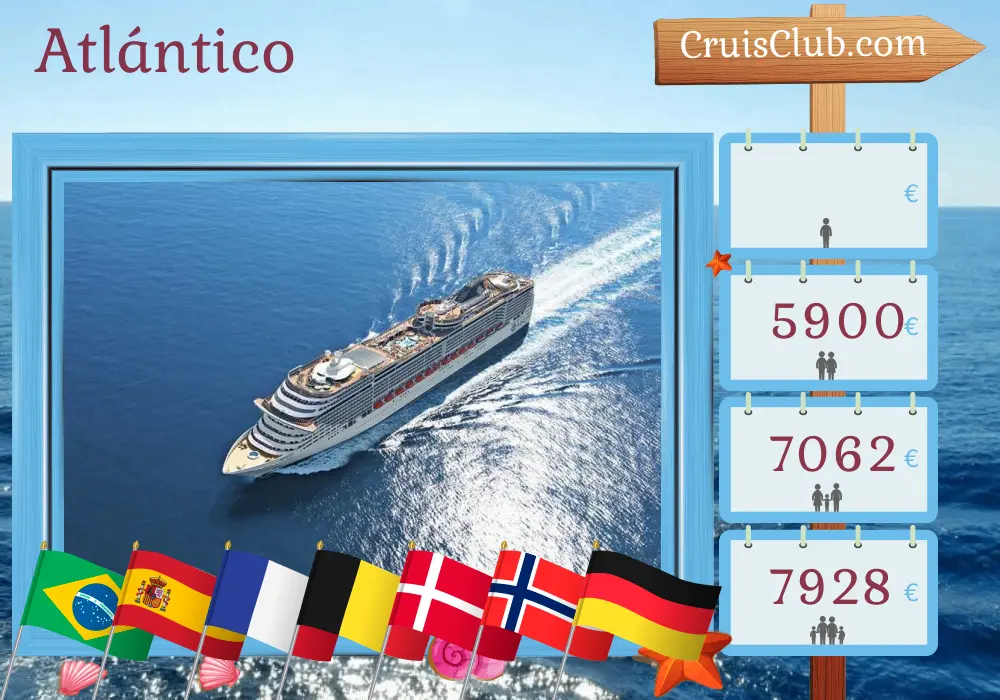Crucero transatlántico de Santos a Hamburgo a bordo del barco MSC Preziosa con visitas a Brasil, España, Francia, Bélgica, Dinamarca, Noruega y Alemania durante 25 días