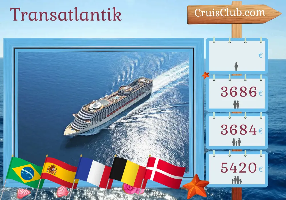 Kreuzfahrt im Transatlantik von Saint nach Kopenhagen an Bord des MSC Preziosa mit Stopps in Brasilien, Spanien, Frankreich, Belgien und Dänemark für 22 Tage
