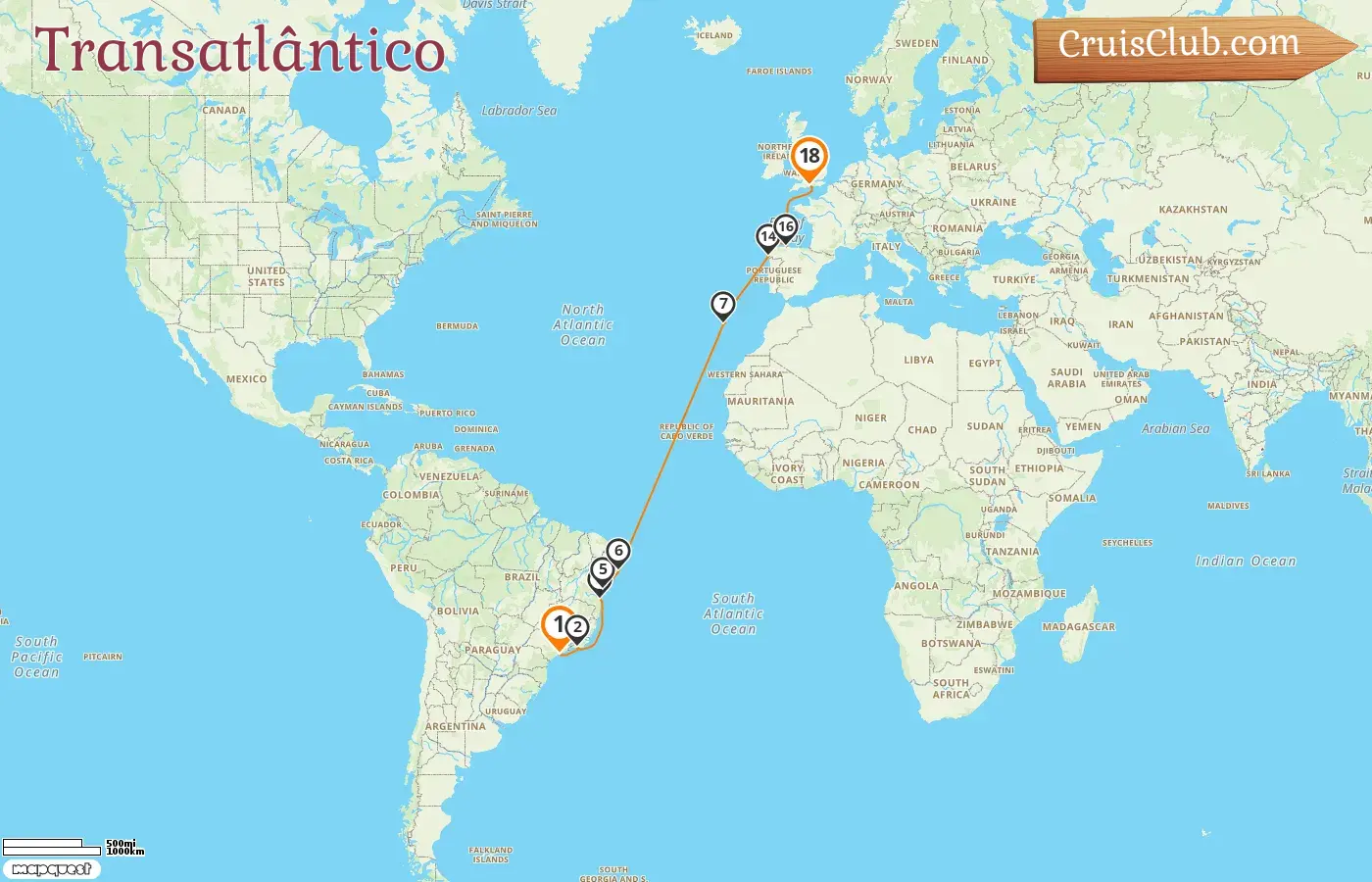 Cruzeiro Transatlântico de Santos para Southampton a bordo do navio MSC Preziosa com visitas ao Brasil e Espanha por 18 dias
