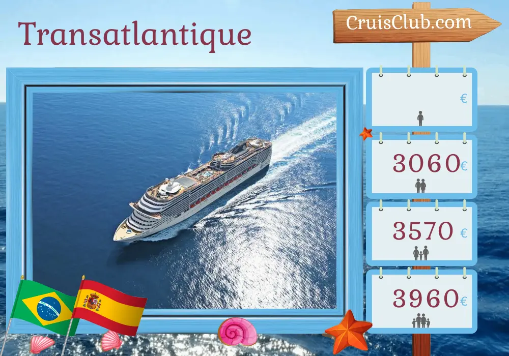 Croisière transatlantique de Saint à Southampton à bord du navire MSC Preziosa avec des escales au Brésil et en Espagne pendant 18 jours