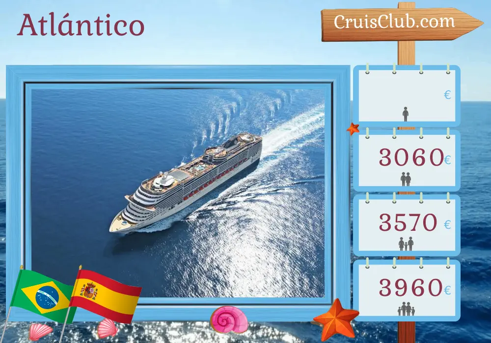 Crucero en el Transatlántico desde Santos a Southampton a bordo del barco MSC Preziosa con visitas a Brasil y España durante 18 días