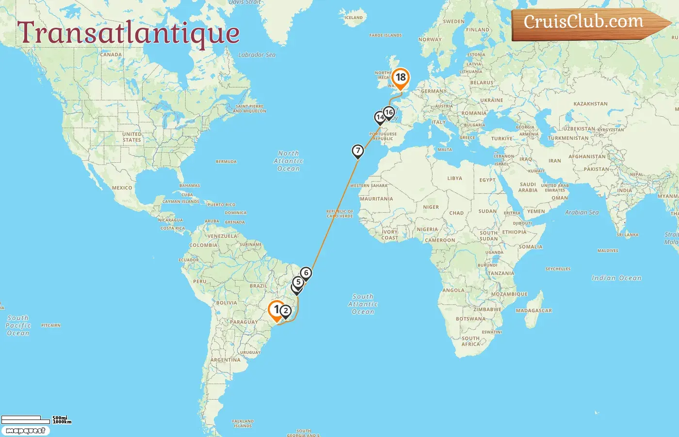 Croisière transatlantique de Saint à Southampton à bord du navire MSC Preziosa avec des escales au Brésil et en Espagne pendant 18 jours