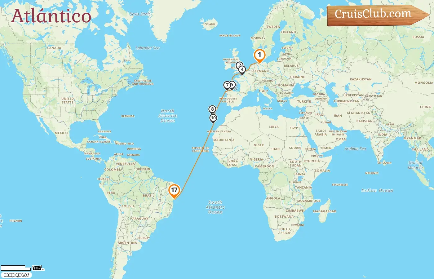 Crucero por el Transatlántico desde Hamburgo a Salvador de Bahía a bordo del barco MSC Preziosa con visitas a Alemania, Francia, España y Brasil durante 17 días