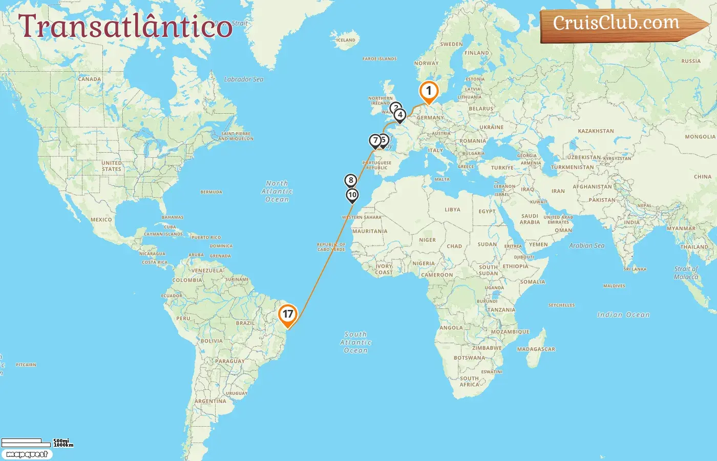 Cruzeiro transatlântico de Hamburgo para Salvador da Bahia a bordo do navio MSC Preziosa com visitas à Alemanha, França, Espanha e Brasil por 17 dias