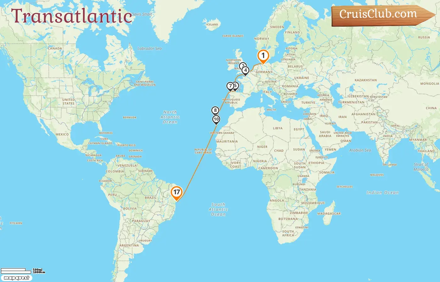 Cruise in the Transatlantic from Hamburg to Salvador da Bahia aboard MSC Preziosa ship with visits to Germany, France, Spain, and Brazil for 17 days