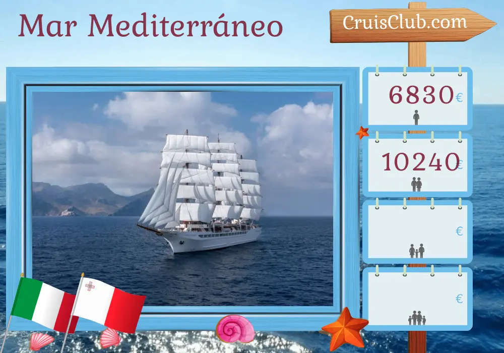 Crucero por el Mediterráneo de Catania a La Valeta a bordo del barco Sea Cloud Spirit con visitas a Italia y Malta durante 8 días