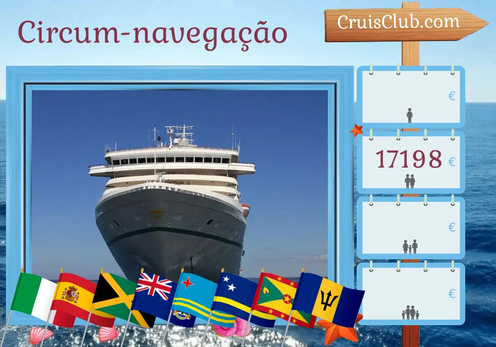 Cruzeiro na viagem pelo mundo de Gênova a Savona a bordo do navio Artania com visitas à Itália, Espanha, Ilhas Virgens Britânicas, Jamaica, Ilhas Cayman, Colômbia, Costa Rica, Panamá, Aruba, Curaçao, Granada, São Vicente e Granadinas, Barbados e Marrocos por 51 dias