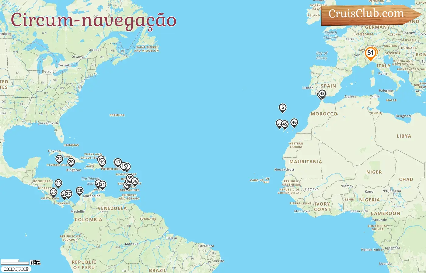Cruzeiro na viagem pelo mundo de Gênova a Savona a bordo do navio Artania com visitas à Itália, Espanha, Ilhas Virgens Britânicas, Jamaica, Ilhas Cayman, Colômbia, Costa Rica, Panamá, Aruba, Curaçao, Granada, São Vicente e Granadinas, Barbados e Marrocos por 51 dias