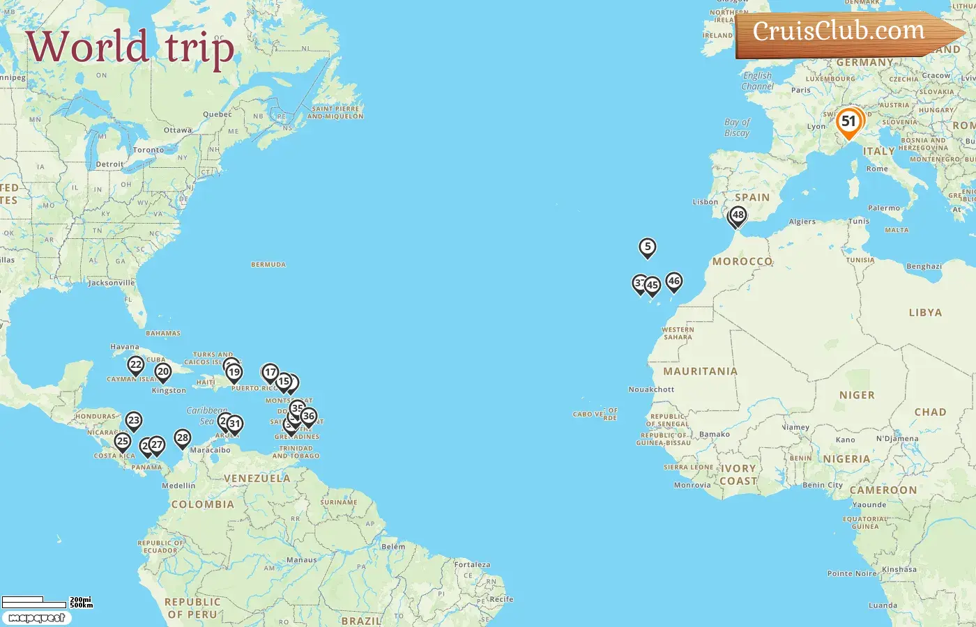 Cruise in the World trip from Genoa to Savona aboard Artania ship with visits to Italy, Spain, British Virgin Islands, Jamaica, Cayman Islands, Colombia, Costa Rica, Panama, Aruba, Curaçao, Grenada, Saint Vincent and the Grenadines, Barbados, and Morocco for 51 days