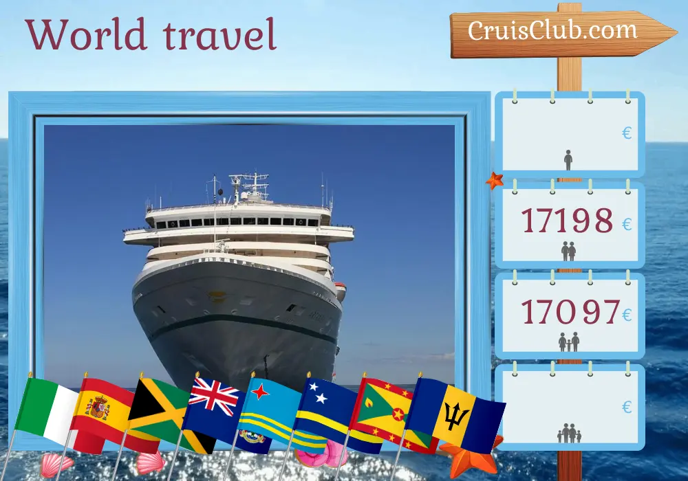 Weltreise mit der Kreuzfahrt von Genua nach Savona an Bord des Schiffes Artania mit Besuchen in Italien, Spanien, British Virgin Islands, Jamaika, Kaimaninseln, Kolumbien, Costa Rica, Panama, Aruba, Curaçao, Grenada, St. Vincent und die Grenadinen, Barbados und Marokko für 51 Tage