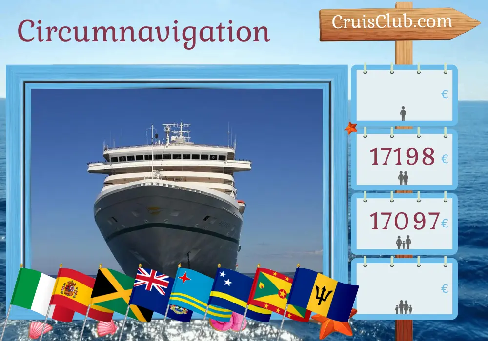 Croisière du tour du monde de Gênes à Savone à bord du navire Artania avec escales en Italie, en Espagne, aux Îles Vierges britanniques, en Jamaïque, dans les îles Caïmans, en Colombie, au Costa Rica, au Panama, à Aruba, à Curaçao, à la Grenade, à Saint-Vincent et les Grenadines, à la Barbade et au Maroc pendant 51 jours