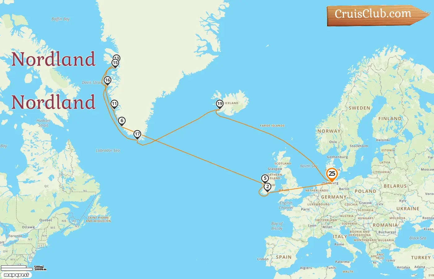Cruzeiro pelo Norte a partir de Hamburgo a bordo do navio Artania com visitas à Alemanha, Irlanda e Gronelândia por 25 dias