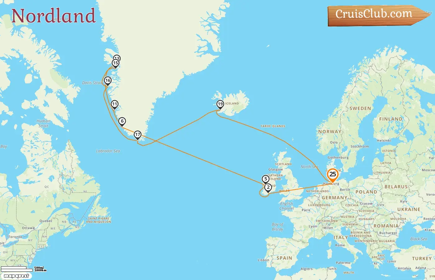 Croisière dans les terres du Nord depuis Hambourg à bord du navire Artania avec des visites en Allemagne, en Irlande et au Groenland pendant 25 jours