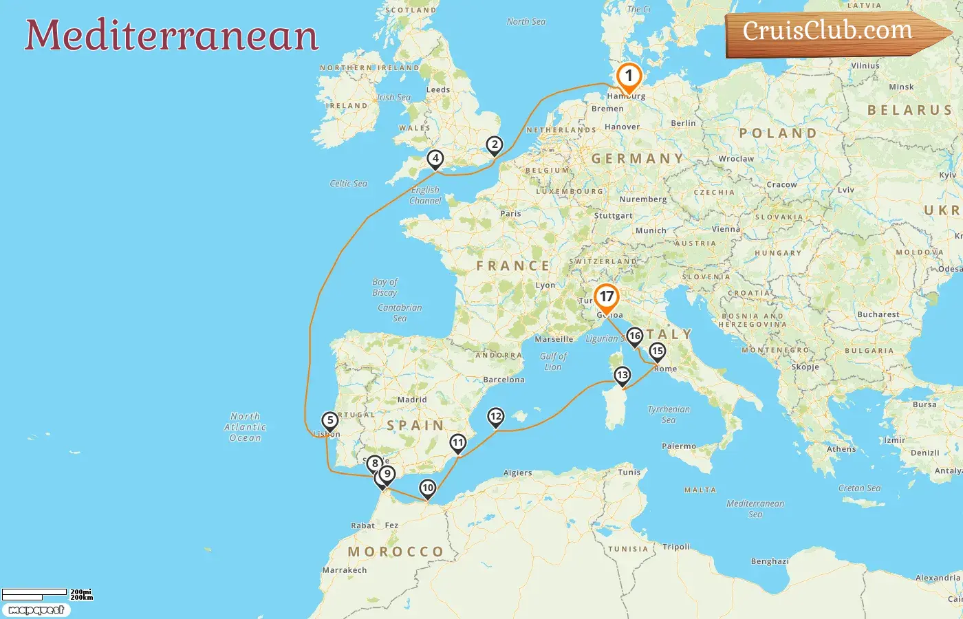 Cruise in the Mediterranean from Hamburg to Savona aboard Artania ship with visits to Germany, Spain, Morocco, and Italy for 17 days