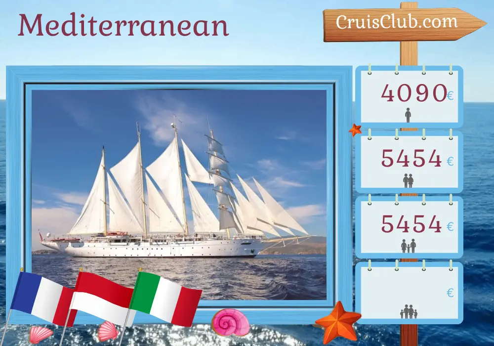 Cruise in the Mediterranean from Nice to Civitavecchia aboard Star Clipper ship with visits to France, Monaco, and Italy for 9 days