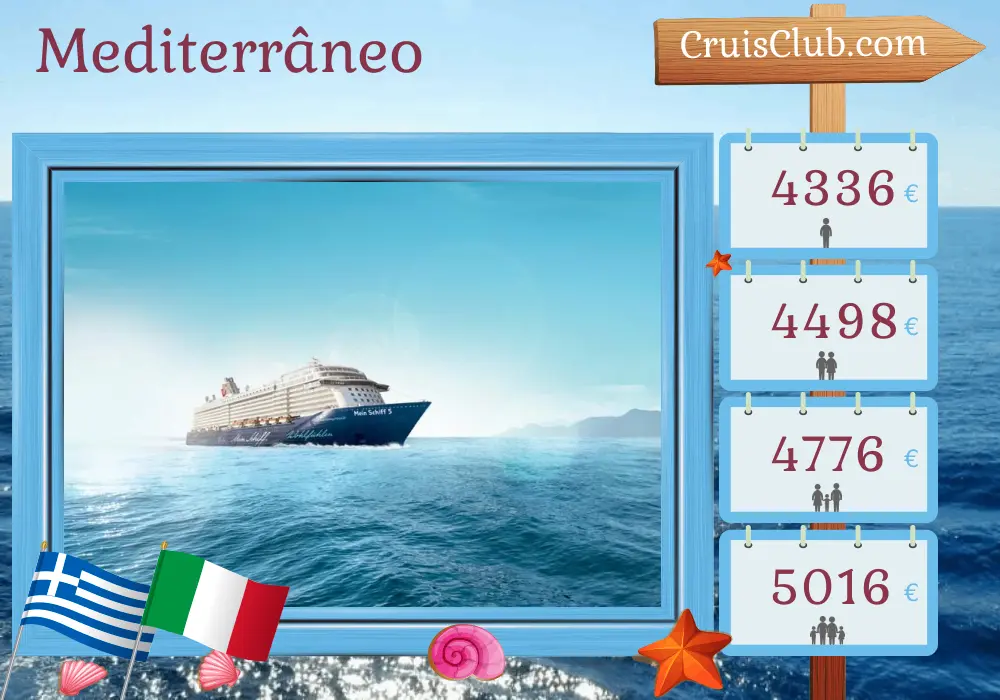 Cruzeiro no Mediterrâneo saindo de Heraklion a bordo do navio Mein Schiff 5 com visitas à Grécia, Itália e Egito por 15 dias