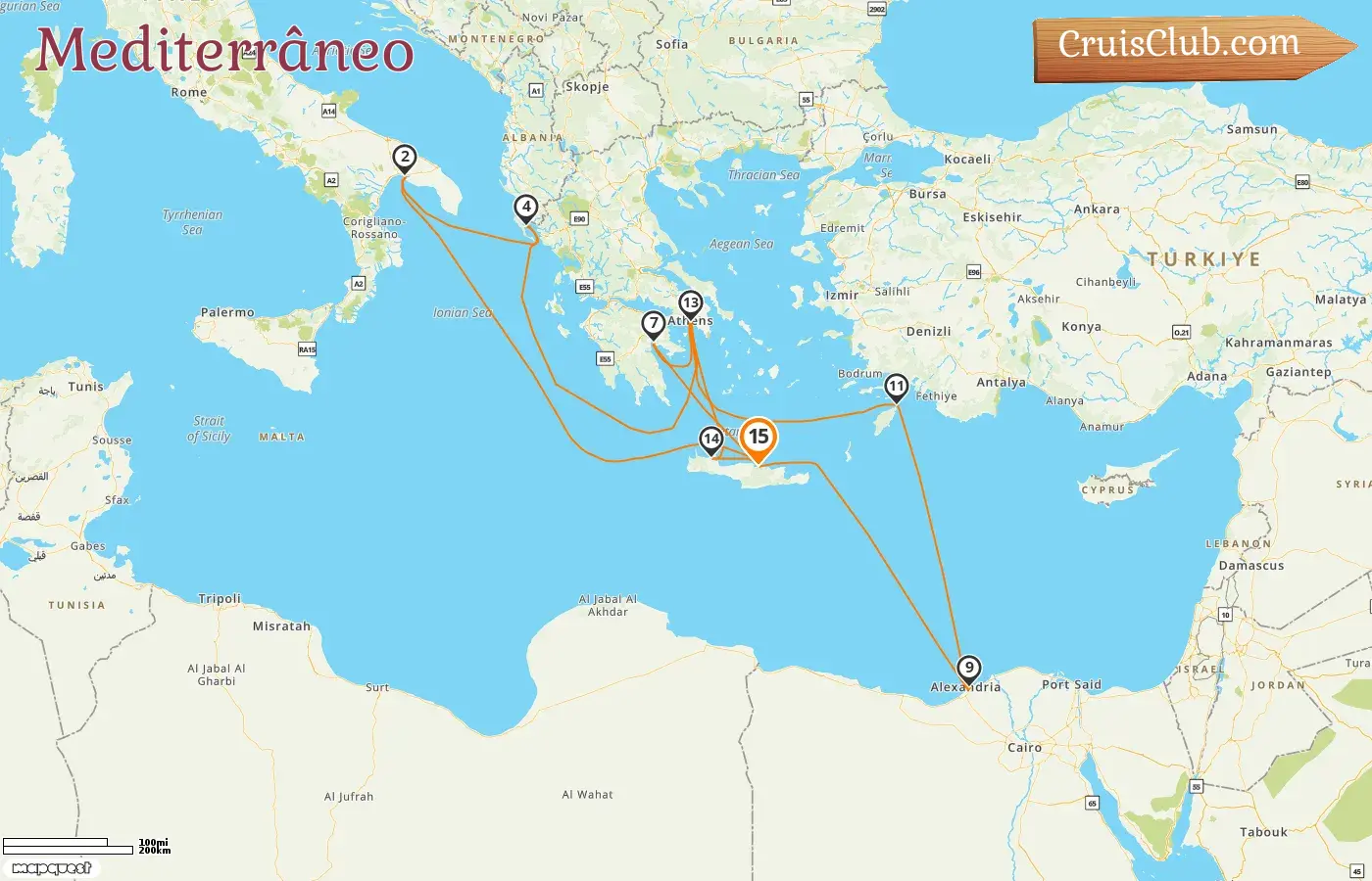 Cruzeiro no Mediterrâneo saindo de Heraklion a bordo do navio Mein Schiff 5 com visitas à Grécia, Itália e Egito por 15 dias