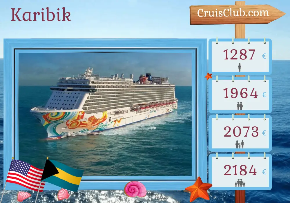 Kreuzfahrt in die Karibik ab Port Canaveral / Orlando an Bord des Schiffes Norwegian Getaway mit Stopps in den USA, der Dominikanischen Republik und den Bahamas für 6 Tage