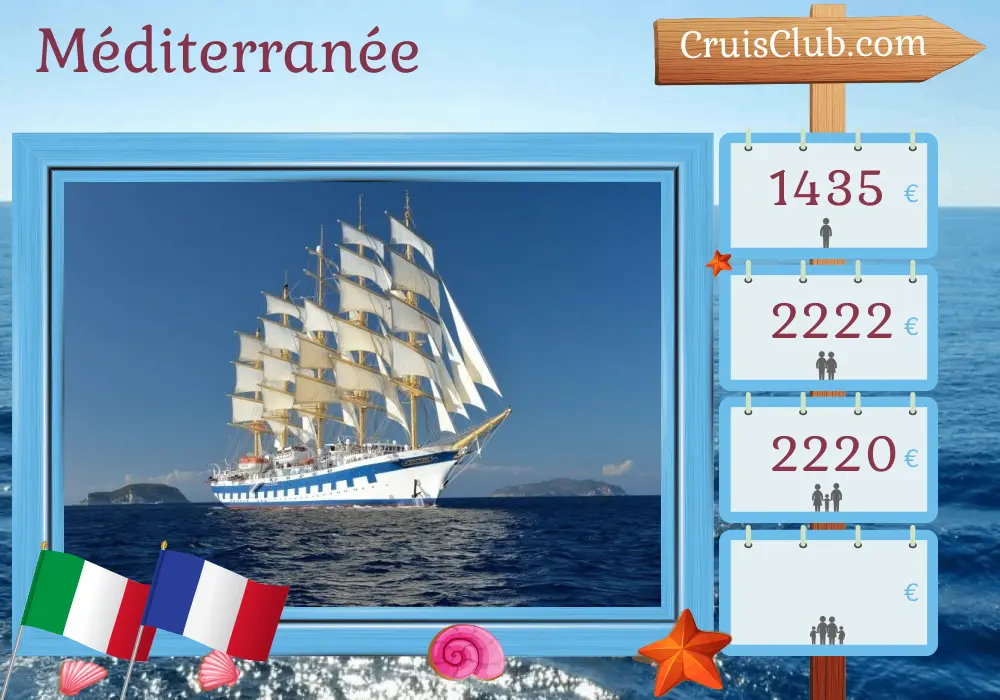 Croisière en Méditerranée depuis Civitavecchia à bord du navire Royal Clipper avec des visites en Italie et en France pendant 4 jours