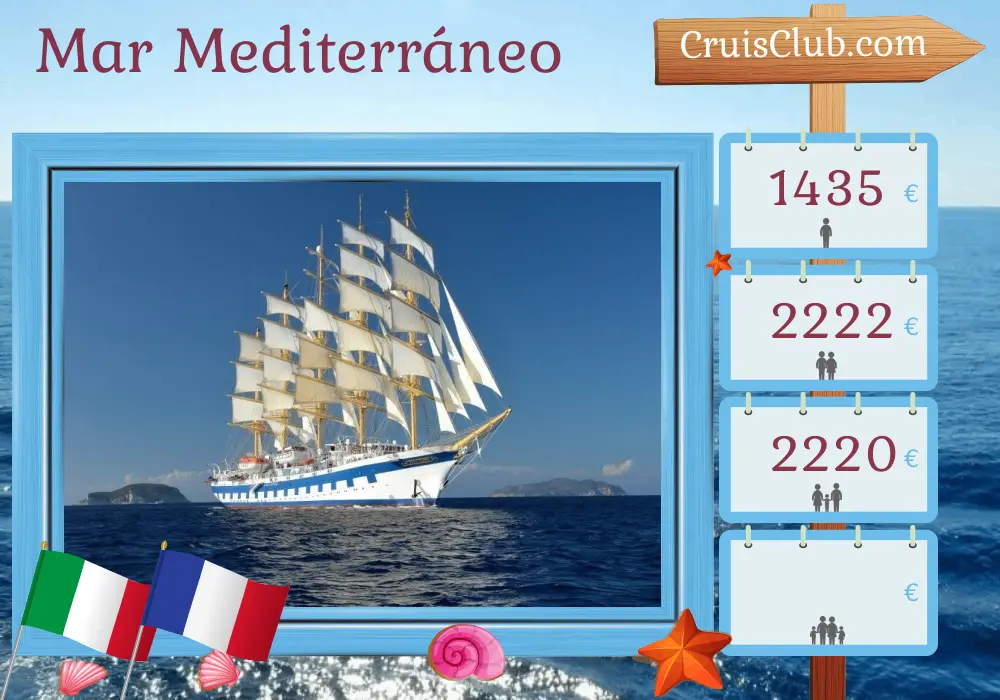 Crucero por el Mediterráneo desde Civitavecchia a bordo del barco Royal Clipper con visitas a Italia y Francia por 4 días