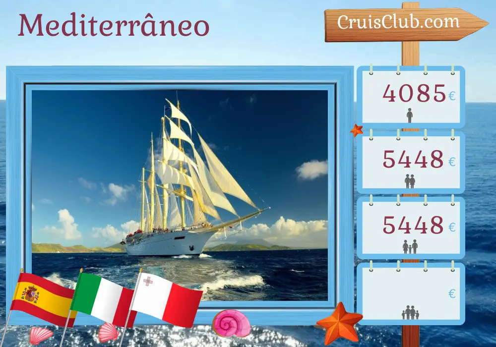 Cruzeiro no Mediterrâneo de Málaga para Valletta a bordo do navio Star Flyer com visitas à Espanha, Itália e Malta por 10 dias