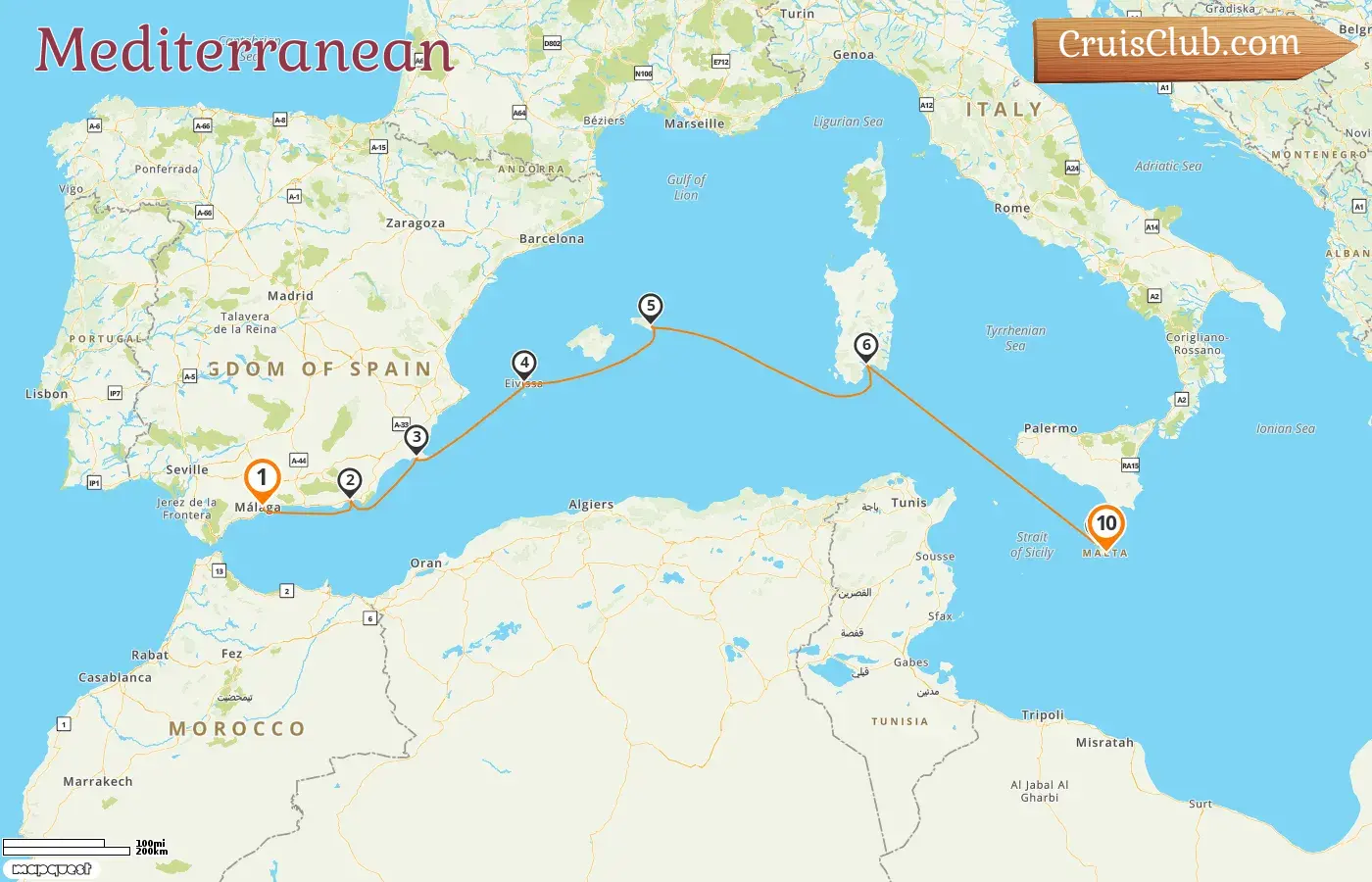 Cruise in the Mediterranean from Malaga to Valletta aboard Star Flyer ship with visits to Spain, Italy, and Malta for 10 days