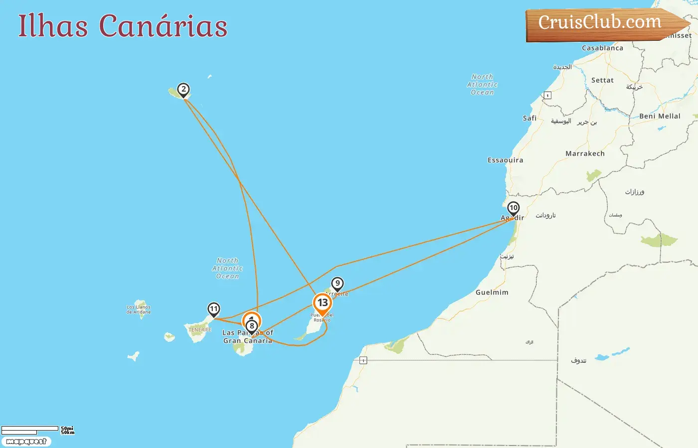 Cruzeiro nas Ilhas Canárias de Las Palmas para Puerto del Rosario a bordo do navio AIDAmar com visitas à Espanha e Marrocos por 13 dias