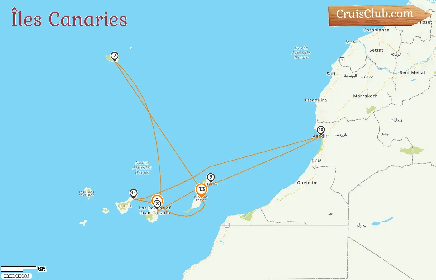 Croisière dans les îles Canaries de Las Palmas à Puerto del Rosario à bord du navire AIDAmar avec des escales en Espagne et au Maroc pendant 13 jours