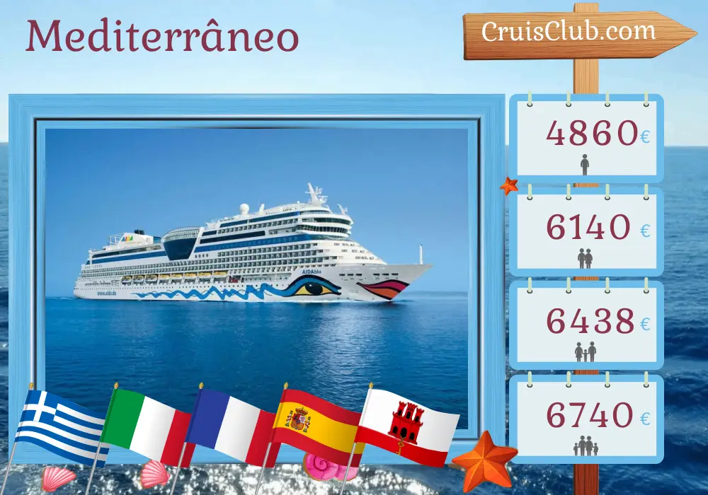 Cruzeiro no Mediterrâneo de Corfu para Puerto del Rosario a bordo do navio AIDAblu com visitas à Grécia, Itália, França, Espanha e Gibraltar por 14 dias