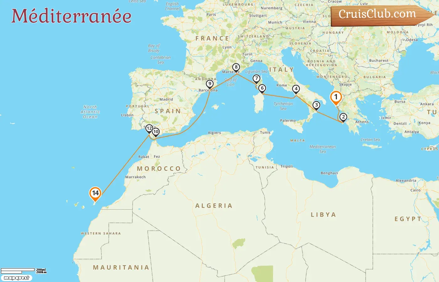 Croisière en Méditerranée de Corfou à Puerto del Rosario à bord du navire AIDAblu avec des escales en Grèce, en Italie, en France, en Espagne et à Gibraltar pendant 14 jours