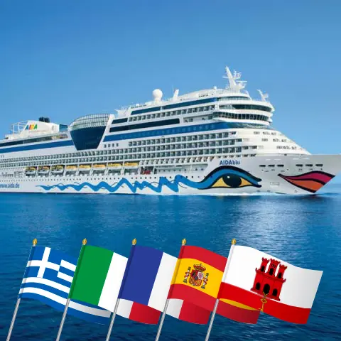 Cruise in the Mediterranean from Corfu to Puerto del Rosario aboard AIDAblu ship with visits to Greece, Italy, France, Spain, and Gibraltar for 14 days