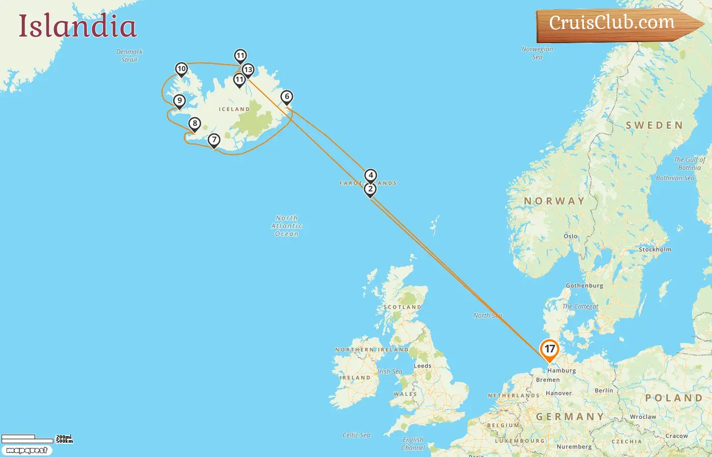 Crucero por Islandia desde Cuxhaven a bordo del barco MS Deutschland con visitas a Alemania, Islas Feroe e Islandia durante 17 días
