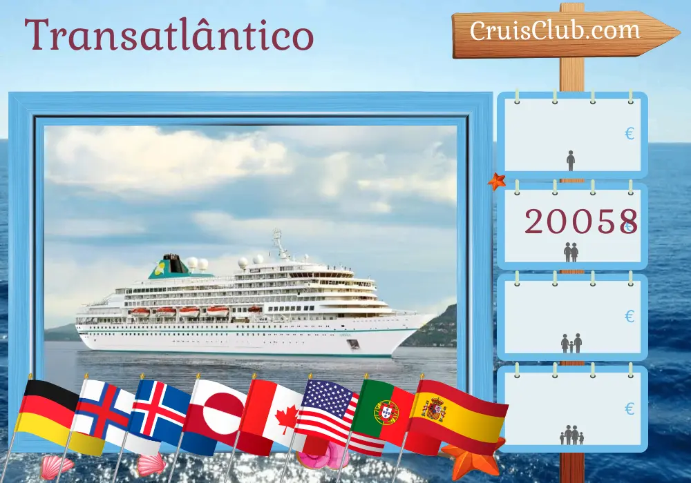 Cruzeiro no Transatlântico de Bremerhaven a bordo do navio Amera com visitas à Alemanha, Ilhas Faroe, Islândia, Groenlândia, Canadá, EUA, Portugal e Espanha por 51 dias