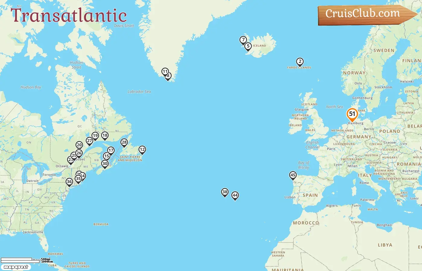 Cruise in the Transatlantic from Bremerhaven aboard Amera ship with visits to Germany, Faroe Islands, Iceland, Greenland, Canada, USA, Portugal, and Spain for 51 days