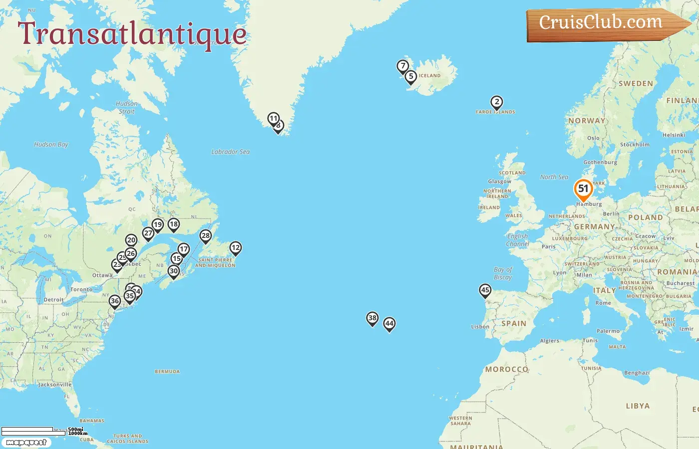 Croisière Transatlantique depuis Bremerhaven à bord du navire Amera avec escales en Allemagne, aux îles Féroé, en Islande, au Groenland, au Canada, aux États-Unis, au Portugal et en Espagne pendant 51 jours