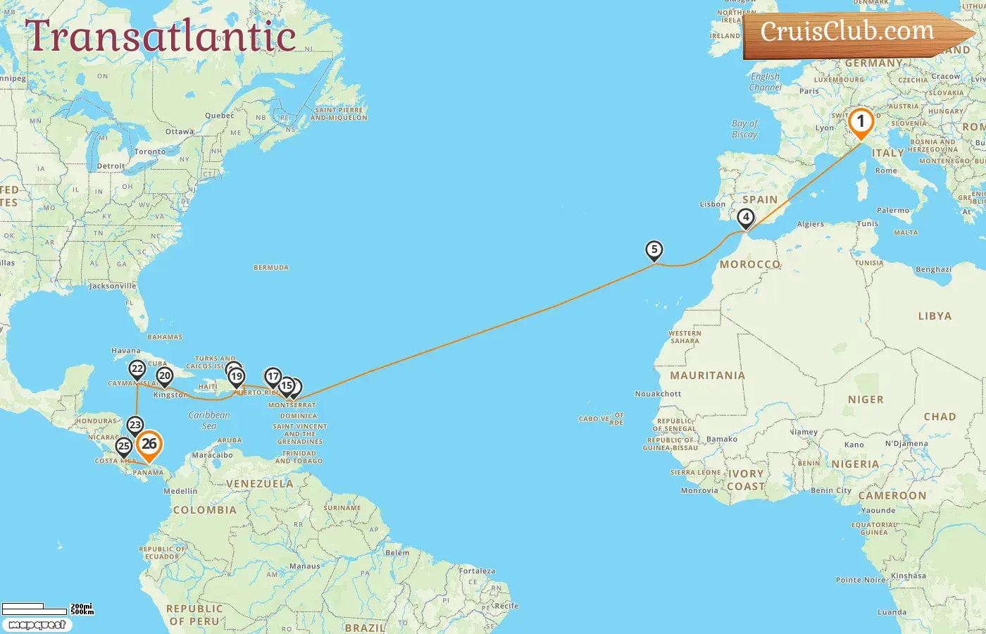 Cruise in the Transatlantic from Genoa to Christopher aboard Artania ship with visits to Italy, Spain, British Virgin Islands, Jamaica, Cayman Islands, Colombia, Costa Rica, and Panama for 26 days