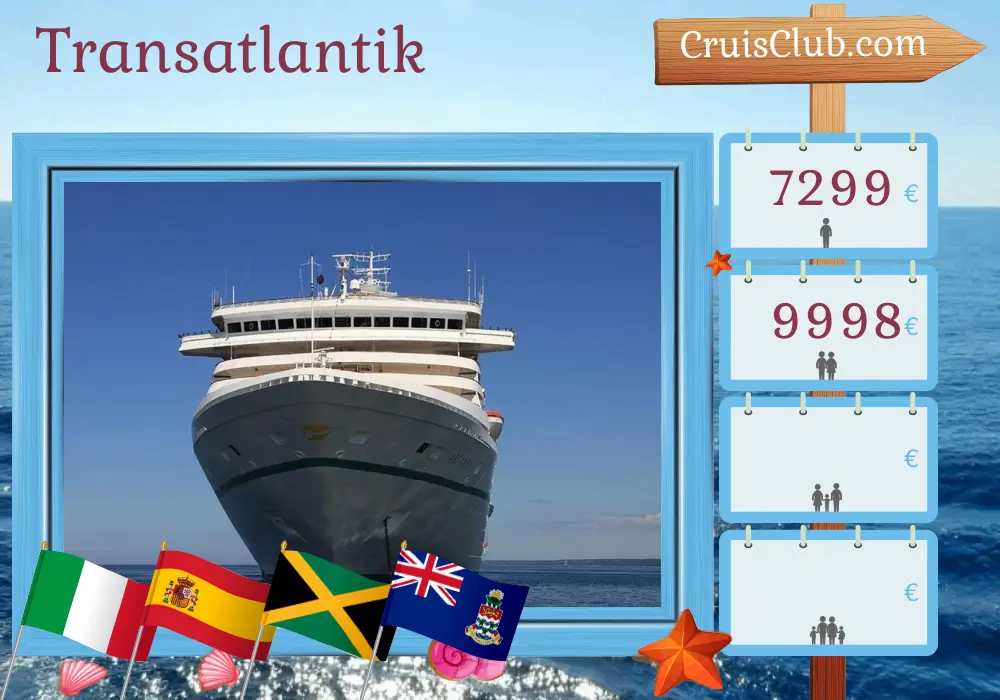 Kreuzfahrt im Transatlantik von Genua nach Christopher an Bord des Schiffes Artania mit Besuchen in Italien, Spanien, Britischen Jungferninseln, Jamaika, Kaimaninseln, Kolumbien, Costa Rica und Panama für 26 Tage