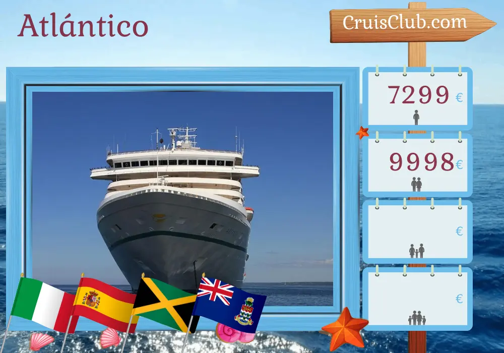 Crucero en el Transatlántico desde Génova hasta Christopher a bordo del barco Artania con visitas a Italia, España, Islas Vírgenes Británicas, Jamaica, Islas Caimán, Colombia, Costa Rica y Panamá durante 26 días