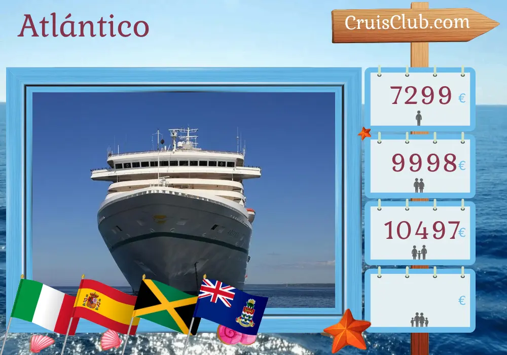 Crucero en el Transatlántico desde Génova hasta Christopher a bordo del barco Artania con visitas a Italia, España, Islas Vírgenes Británicas, Jamaica, Islas Caimán, Colombia, Costa Rica y Panamá durante 26 días