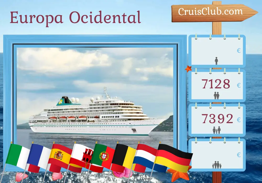 Cruzeiro na Europa Ocidental de Savona a Bremerhaven a bordo do navio Amera com visitas à Itália, França, Espanha, Gibraltar, Portugal, Bélgica, Países Baixos e Alemanha por 18 dias