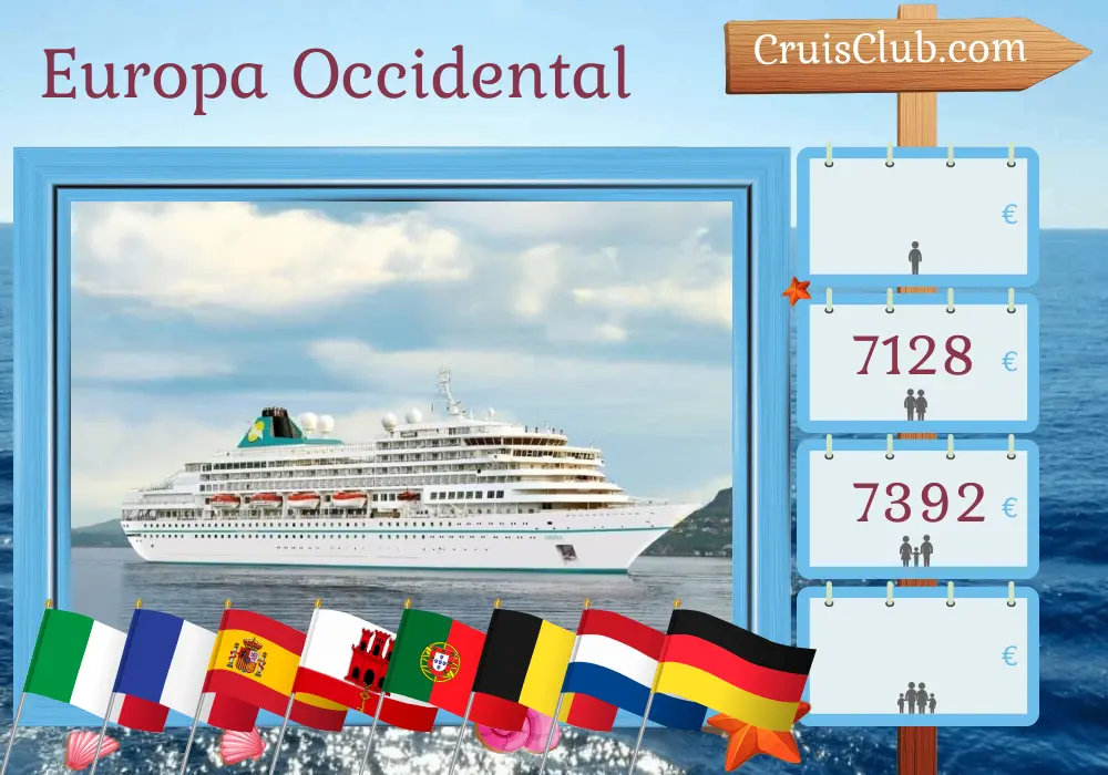 Crucero por Europa Occidental desde Savona a Bremerhaven a bordo del barco Amera con visitas a Italia, Francia, España, Gibraltar, Portugal, Bélgica, Países Bajos y Alemania durante 18 días