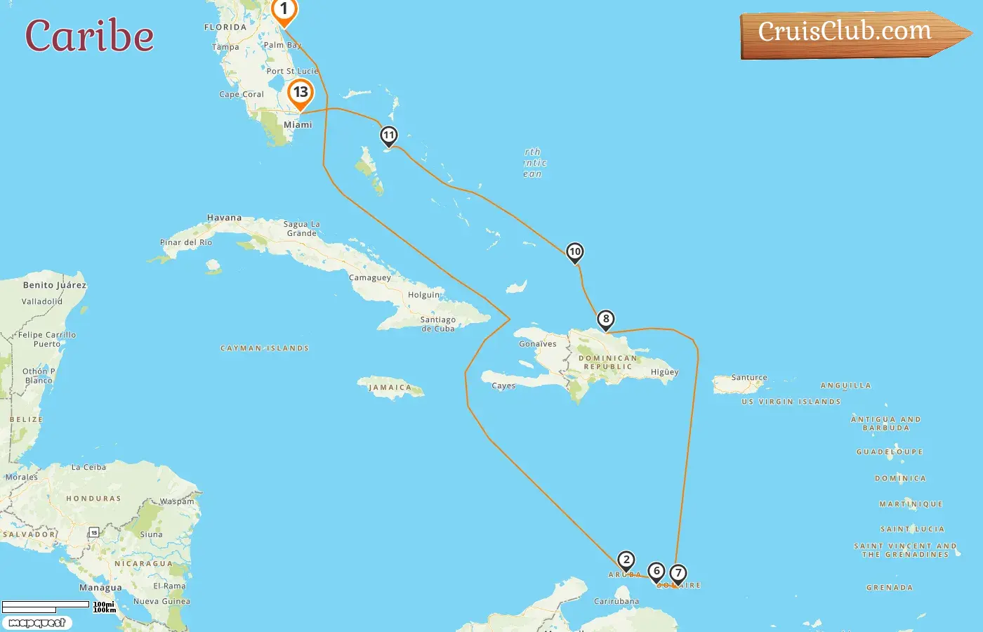 Crucero por el Caribe desde Port Canaveral / Orlando a Fort Lauderdale a bordo del barco Caribbean Princess con visitas a EE. UU., Aruba, Curazao, República Dominicana y Bahamas por 13 días