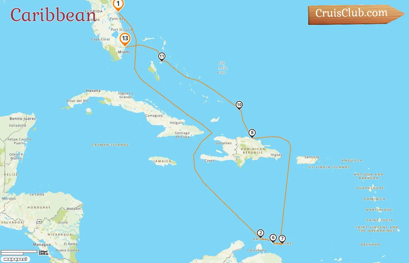 Cruise in the Caribbean from Port Canaveral / Orlando to Fort Lauderdale aboard Caribbean Princess ship with visits to USA, Aruba, Curaçao, Dominican Republic, and Bahamas for 13 days