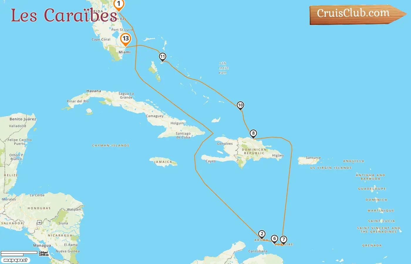 Croisière dans les Caraïbes de Port Canaveral / Orlando à Fort Lauderdale à bord du navire Caribbean Princess avec escales aux États-Unis, à Aruba, Curaçao, en République dominicaine et aux Bahamas pendant 13 jours