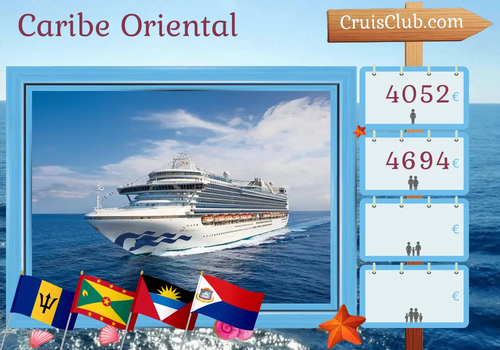 Cruzeiro no Caribe Oriental saindo de Saint John a bordo do navio Crown Princess, com visitas a Porto Rico, Barbados e Granada por 15 dias