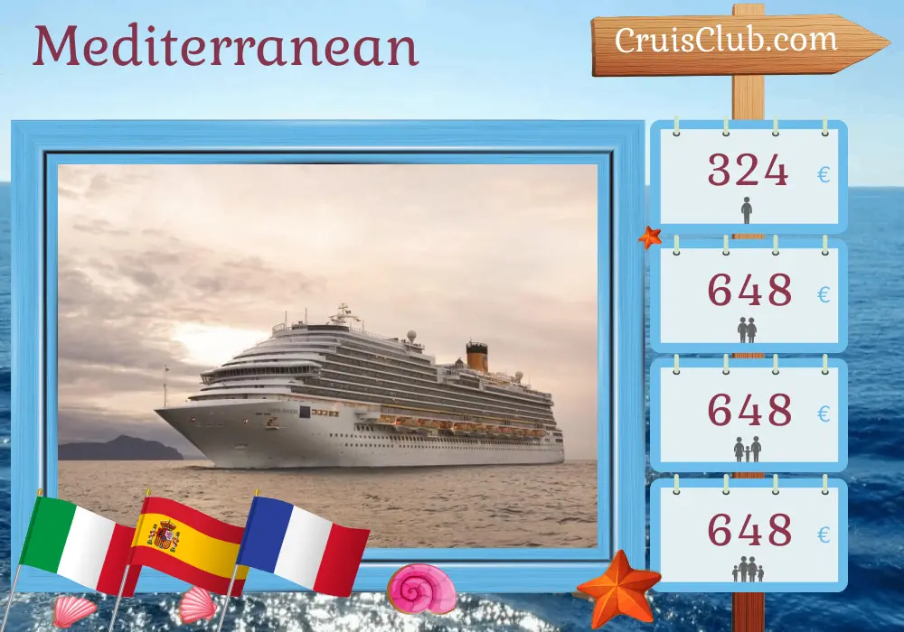 Cruise in the Mediterranean from Savona to Marseille aboard Costa Diadema ship with visits to Italy, Spain, and France for 4 days